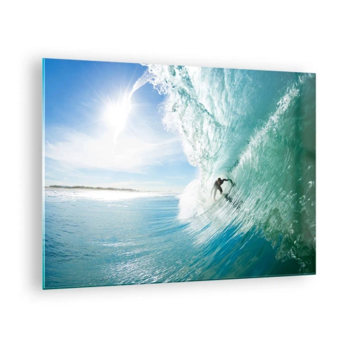 Quadro su vetro - Un surfista cavalca un'onda contro un cielo blu - 70x50cm - Sempre sull'onda - Decorazione murale moderna per soggiorno e camera da letto ARTTOR