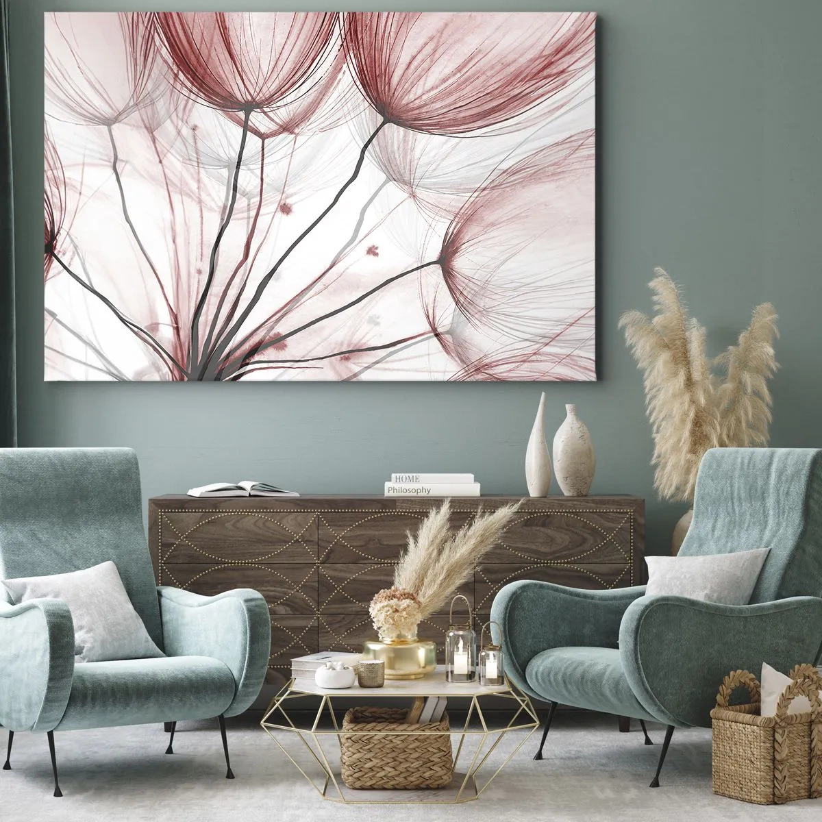 Quadro su tela - Stampe su Tela - Delicati fiori nei toni del rosso su uno sfondo chiaro - 70x50cm - Prima del decollo - Decorazione murale moderna per soggiorno e camera da letto ARTTOR