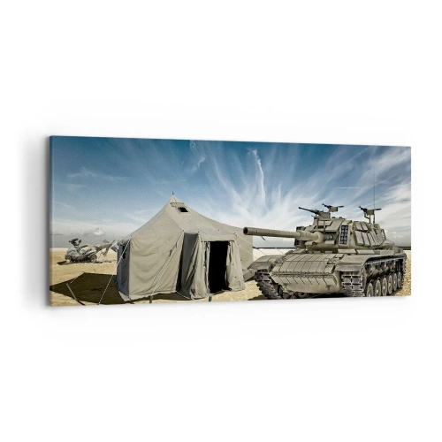 Quadro su tela - Stampe su Tela - Un carro armato accanto a una tenda militare in una zona desertica - 120x50cm - Sogno militare - Decorazione murale moderna per soggiorno e camera da letto ARTTOR