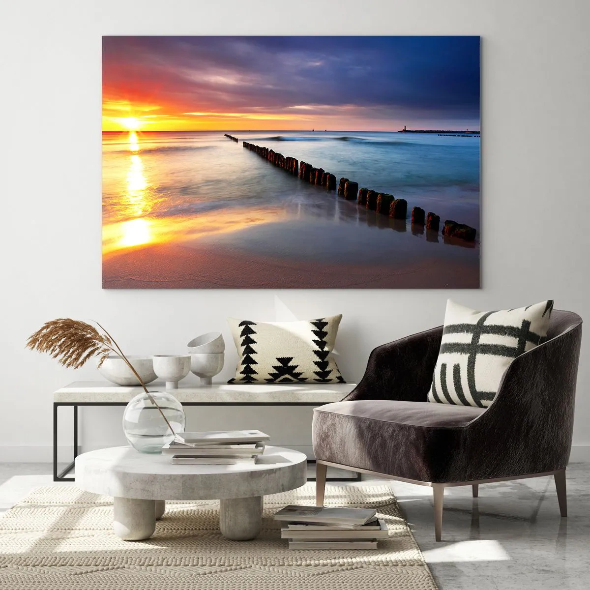 Quadro su vetro - Tramonto sul mare con frangiflutti in legno - 70x50cm - Ascolta il silenzio - Decorazione murale moderna per soggiorno e camera da letto ARTTOR