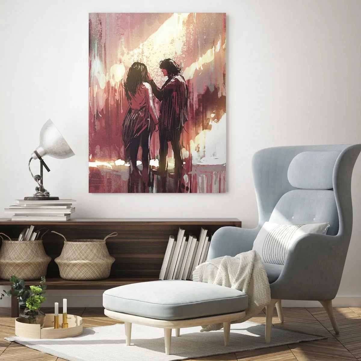 Quadro su vetro - Una coppia nella calda luce di un ambiente astratto - 50x70cm - L'eterno spettacolo dell'amore - Decorazione murale moderna per soggiorno e camera da letto ARTTOR