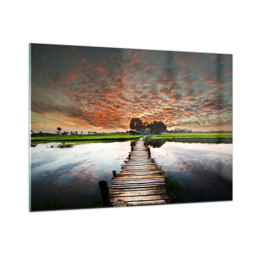 Quadro su vetro - Ponte di legno sul fiume al tramonto - 100x70cm - Allarga le braccia, respira - Decorazione murale moderna per soggiorno e camera da letto ARTTOR