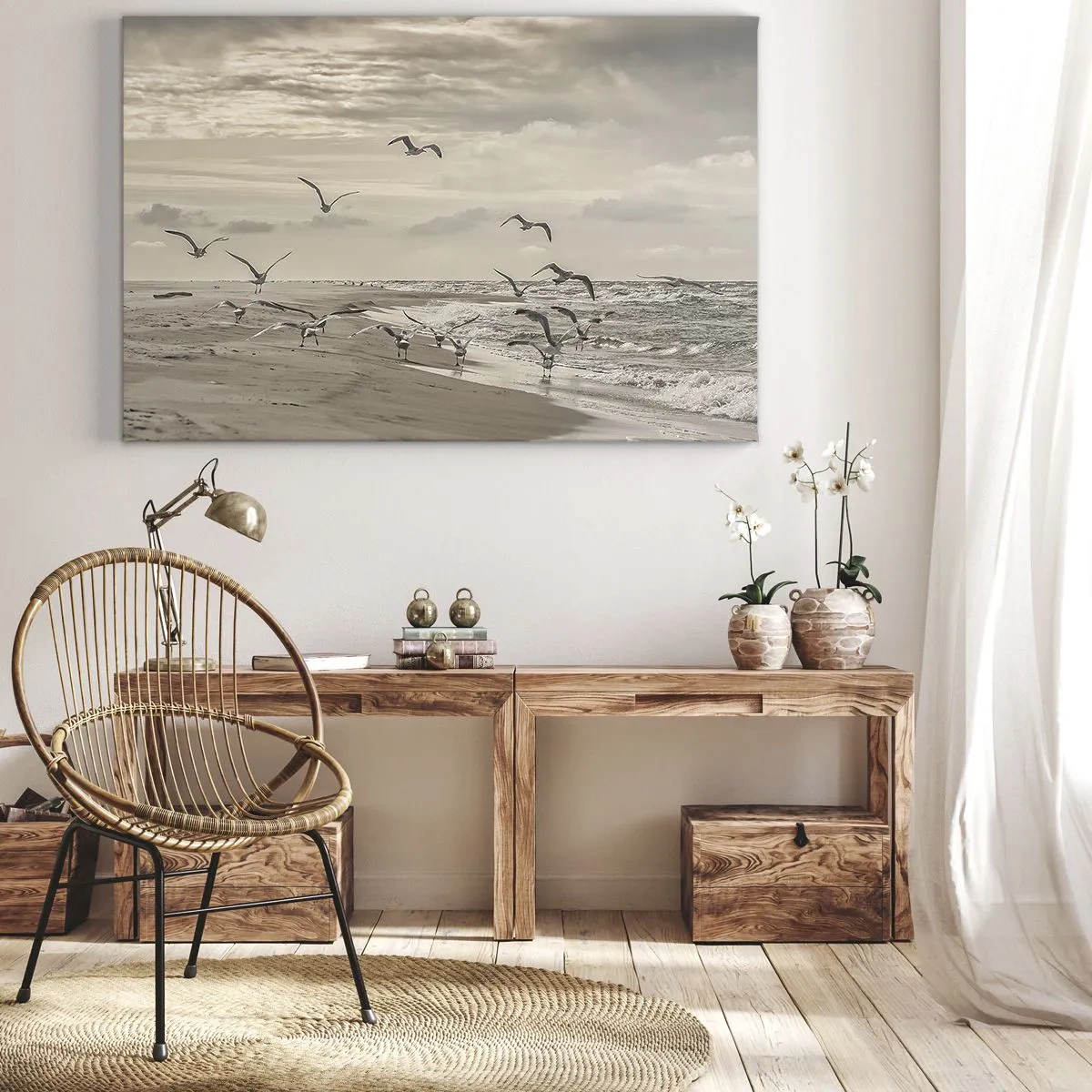 Quadro su tela - Stampe su Tela - Un gabbiano in volo sopra un paesaggio costiero - 120x80cm - Brusio del mare, canto degli uccelli - Decorazione murale moderna per soggiorno e camera da letto ARTTOR