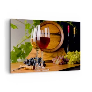 Quadro su tela - Stampe su Tela - Bicchieri di vino con uva, una botte e bottiglie su un tavolo di legno - 120x80cm - Come presso gli antichi conoscitori - Decorazione murale moderna per soggiorno e camera da letto ARTTOR