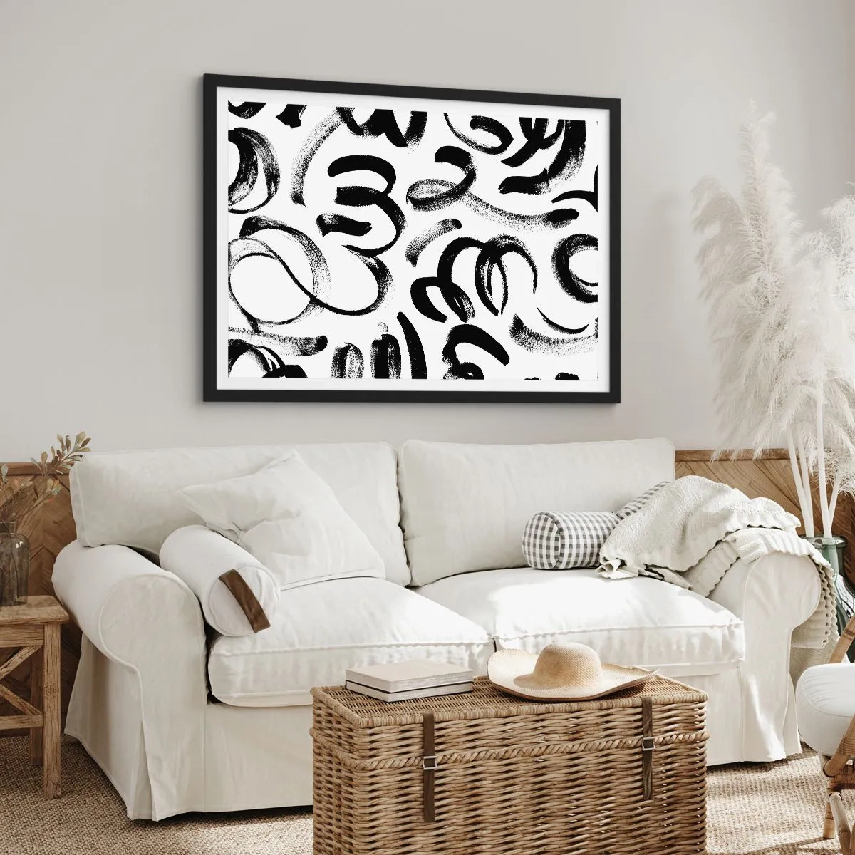 Poster in cornice nera - Pennellate astratte nere su sfondo bianco - 100x70cm - Nero su bianco - Decorazione murale moderna per soggiorno e camera da letto ARTTOR