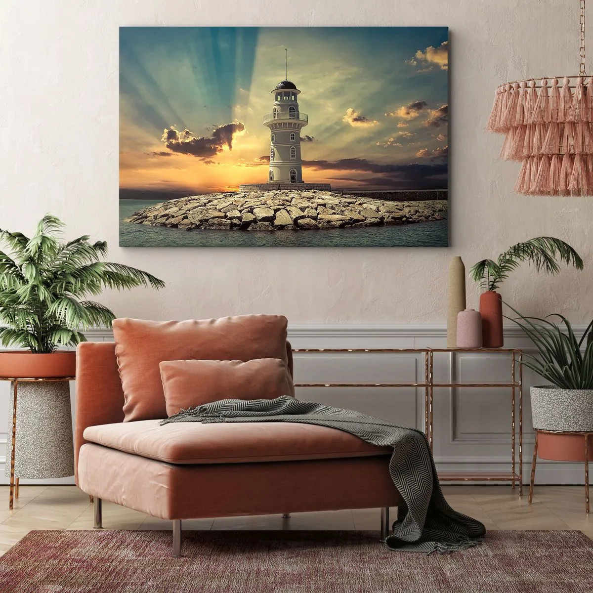 Quadro su tela - Stampe su Tela - Un faro al tramonto contro il cielo - 120x80cm - Luce - Bontà - Bellezza - Decorazione murale moderna per soggiorno e camera da letto ARTTOR