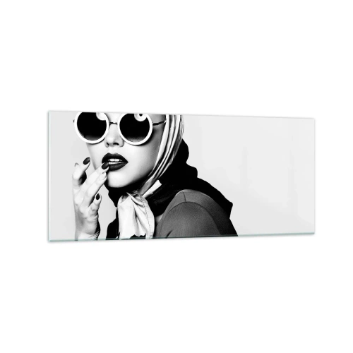 Quadro su vetro - Ritratto in bianco e nero di una donna che indossa occhiali e un foulard - 120x50cm - Saluti dagli anni '60 - Decorazione murale moderna per soggiorno e camera da letto ARTTOR