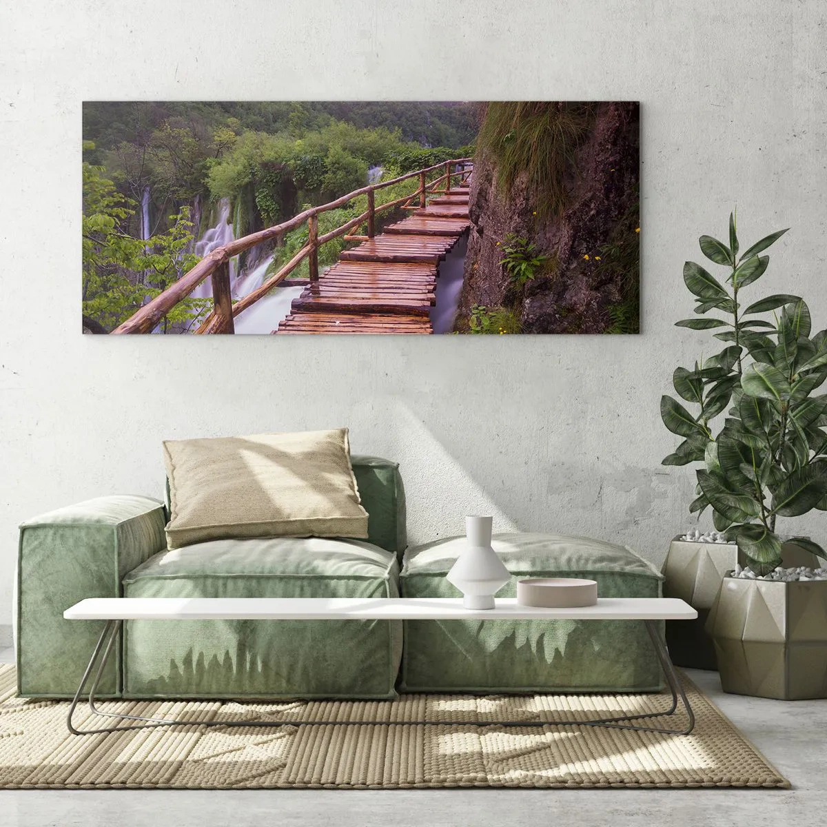 Quadro su vetro - Un ponte che domina le cascate al tramonto - 160x50cm - Una bellezza incredibile - Decorazione murale moderna per soggiorno e camera da letto ARTTOR