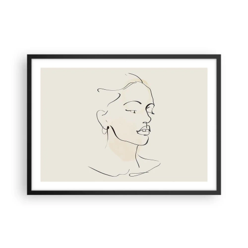 Poster in cornice nera - Uno schizzo delicato del volto di una donna su uno sfondo chiaro - 70x50cm - Linea sicura - Decorazione murale moderna per soggiorno e camera da letto ARTTOR