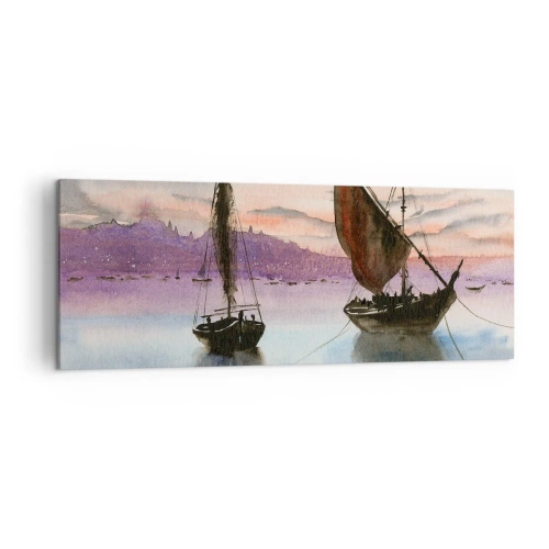 Quadro su tela - Stampe su Tela - Due velieri ormeggiati in acque calme al tramonto - 140x50cm - La sera nel porto - Decorazione murale moderna per soggiorno e camera da letto ARTTOR