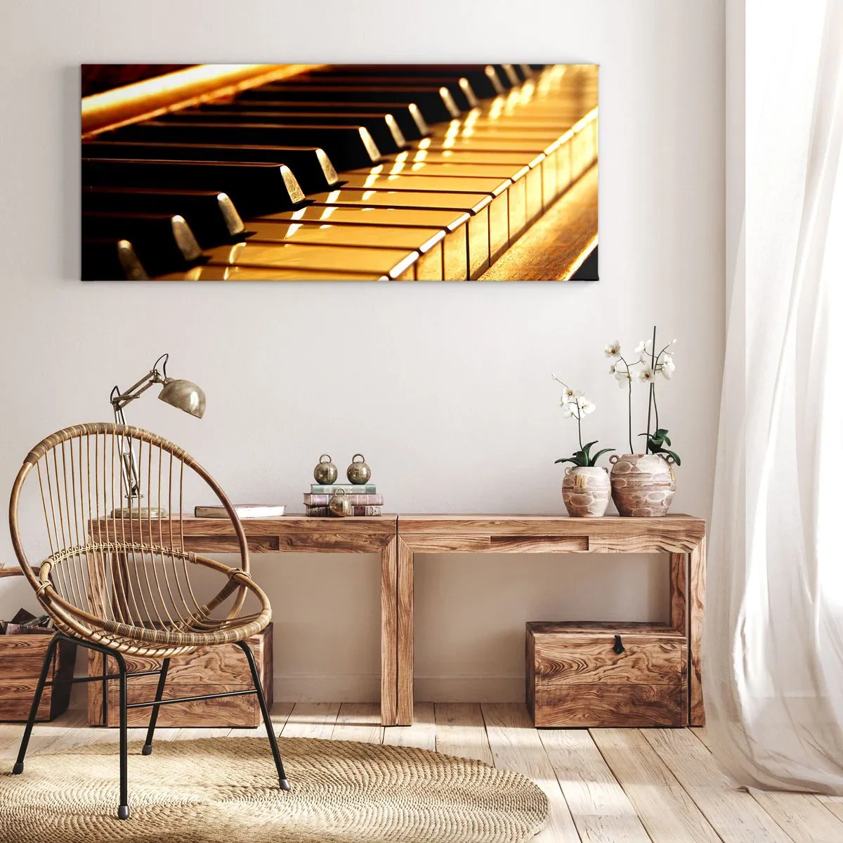 Quadro su tela - Stampe su Tela - Tastiera di pianoforte illuminata da luce dorata - 120x50cm - Possibilità illimitate - Decorazione murale moderna per soggiorno e camera da letto ARTTOR