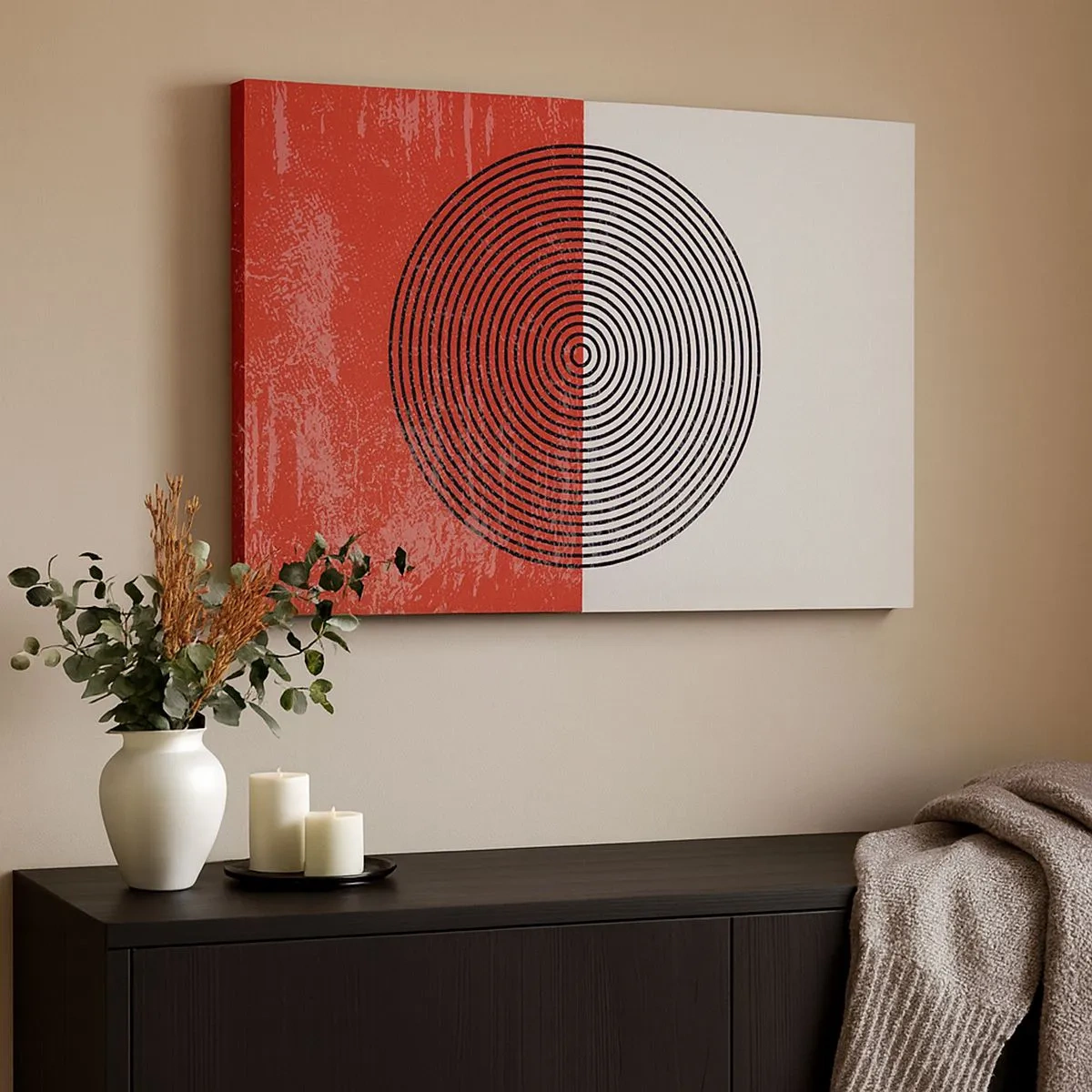 Quadro su tela - Stampe su Tela - Motivo geometrico con cerchi concentrici su sfondo rosso e bianco - 70x50cm - Dritto al centro - Decorazione murale moderna per soggiorno e camera da letto ARTTOR