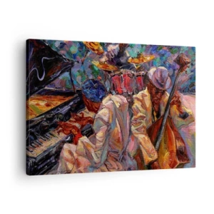 Quadro su tela - Stampe su Tela - Scena jazz energica con musicisti e strumenti - 70x50cm - In un unico ritmo - Decorazione murale moderna per soggiorno e camera da letto ARTTOR