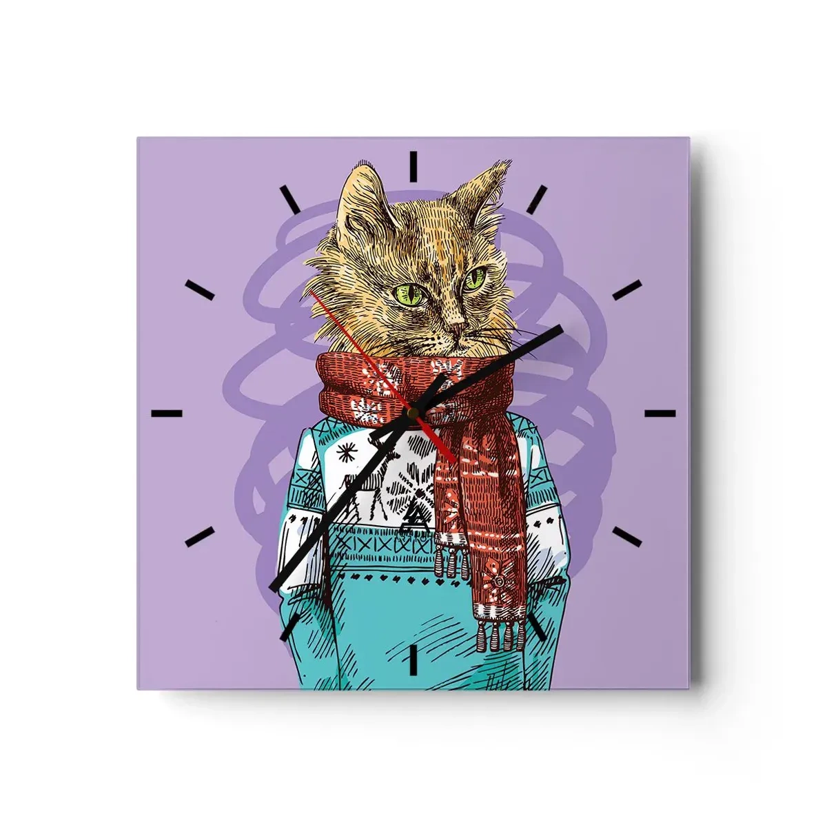 Orologio da parete - Orologio in Vetro - Un gatto con un maglione e una sciarpa su uno sfondo viola - 30x30cm - Un gatto non solo con gli stivali - Decorazione murale moderna per soggiorno e camera da letto ARTTOR