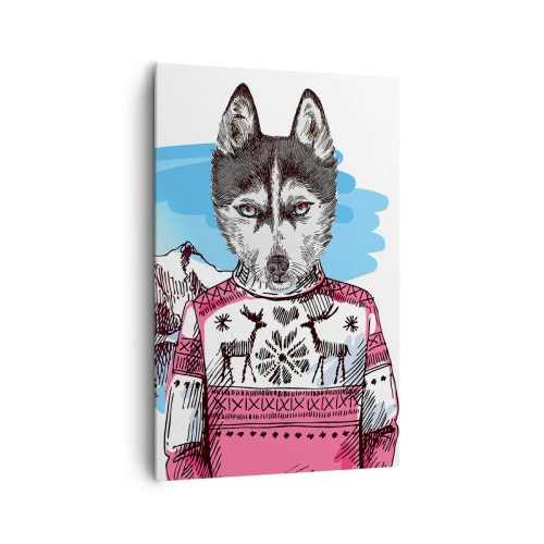 Quadro su tela - Stampe su Tela - Un lupo con un maglione invernale sullo sfondo di un paesaggio montano - 80x120cm - Lupo con lana di pecora - Decorazione murale moderna per soggiorno e camera da letto ARTTOR