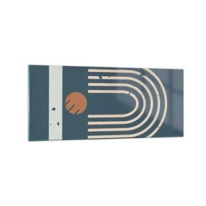 Quadro su vetro - Motivo geometrico nei toni del blu navy, beige e arancione su sfondo scuro - 120x50cm - Geometria in blu - Decorazione murale moderna per soggiorno e camera da letto ARTTOR