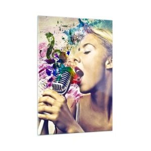 Quadro su vetro - Una composizione colorata di una donna che canta al microfono. - 50x70cm - Dipingere il mondo con la voce - Decorazione murale moderna per soggiorno e camera da letto ARTTOR