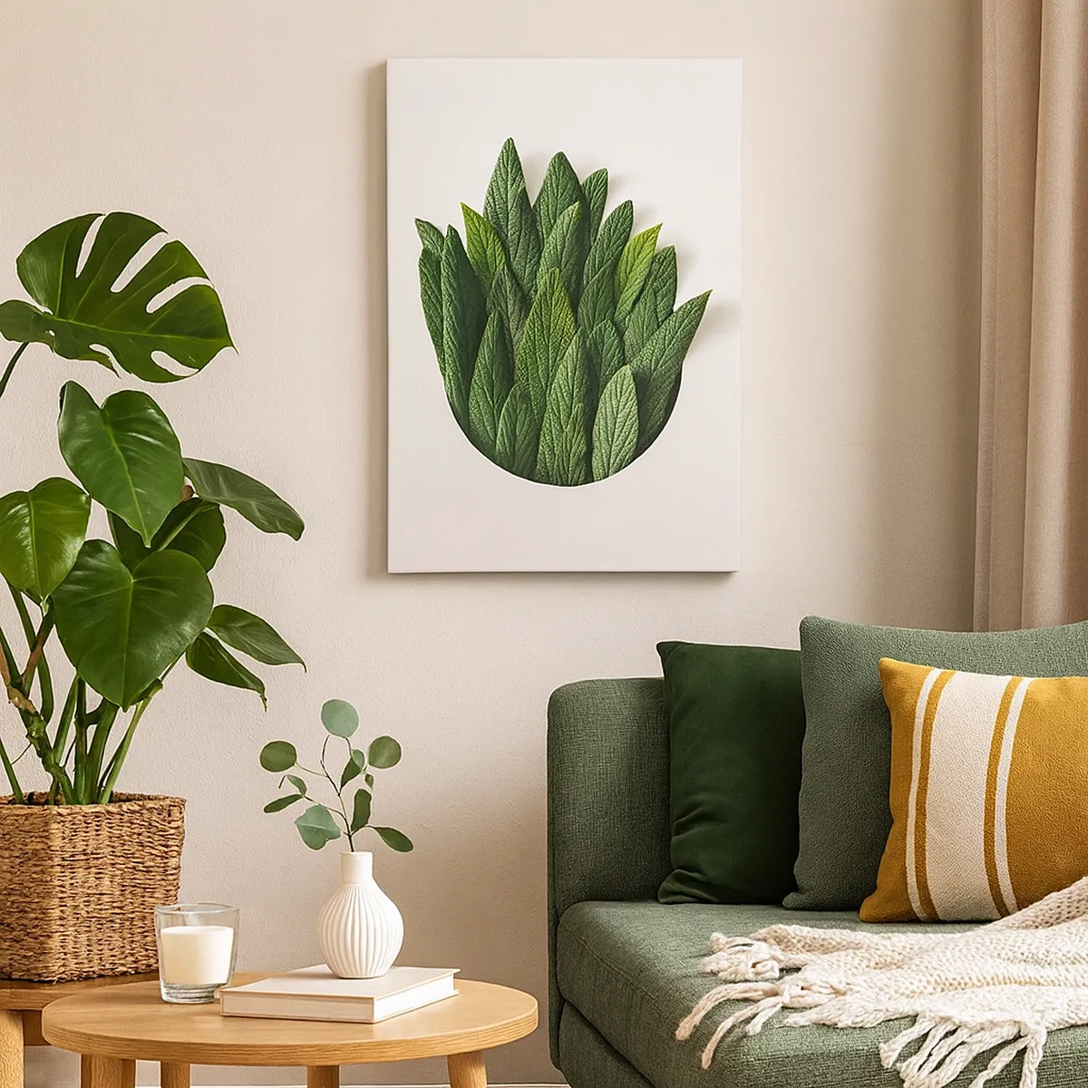 Quadro su tela - Stampe su Tela - Una composizione di foglie verdi su uno sfondo chiaro - 50x70cm - Curiosità irrefrenabile - Decorazione murale moderna per soggiorno e camera da letto ARTTOR