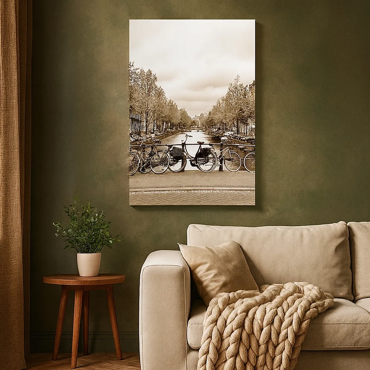 Quadro su tela - Stampe su Tela - Ponte ciclabile sul canale in seppia - 50x70cm - Atmosfera olandese - Decorazione murale moderna per soggiorno e camera da letto ARTTOR