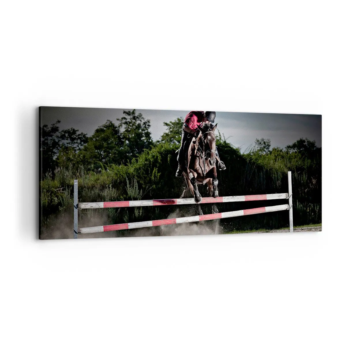 Quadro su tela - Stampe su Tela - Un cavaliere su un cavallo che salta un ostacolo su una pista da corsa - 120x50cm - Insieme fino alla vittoria - Decorazione murale moderna per soggiorno e camera da letto ARTTOR