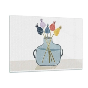 Quadro su vetro - Teste di papavero decorative in una brocca in stile grafico - 120x80cm - Il silenzio dei papaveri - Decorazione murale moderna per soggiorno e camera da letto ARTTOR