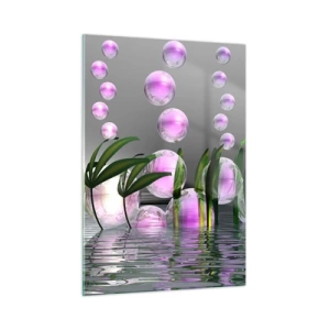 Quadro su vetro - Bolle viola che galleggiano sopra l'acqua con le piante - 50x70cm - Composizione meditativa su leggerezza e vita - Decorazione murale moderna per soggiorno e camera da letto ARTTOR