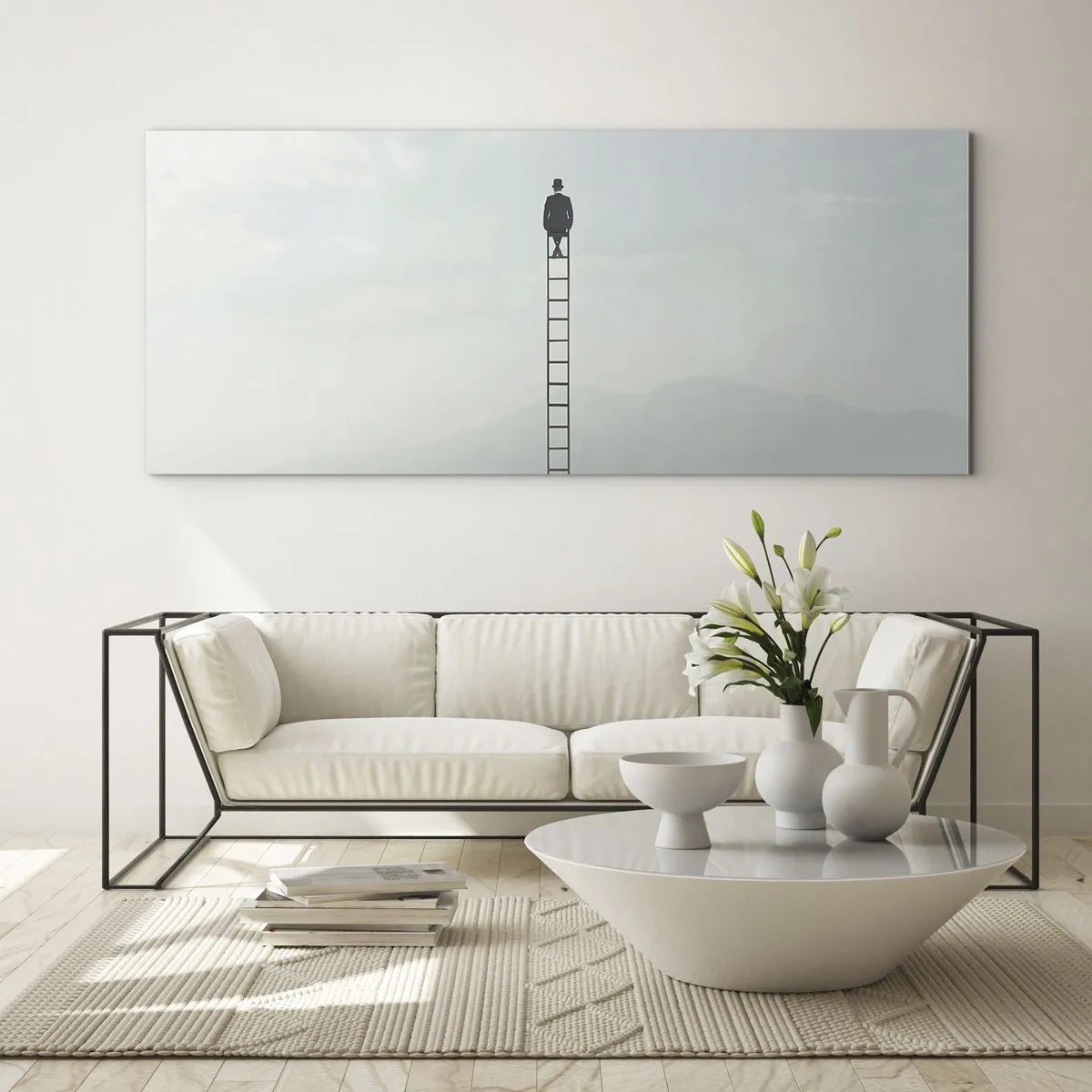 Quadro su vetro - Un uomo su una scala che sale verso il cielo - 140x50cm - Innalzati al di sopra - Decorazione murale moderna per soggiorno e camera da letto ARTTOR
