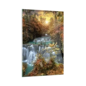 Quadro su vetro - Cascata autunnale circondata da alberi colorati alla luce del sole - 80x120cm - Il tesoro nascosto nel bosco - Decorazione murale moderna per soggiorno e camera da letto ARTTOR