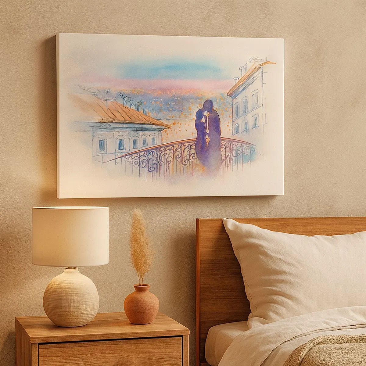 Quadro su tela - Stampe su Tela - Coppia romantica su un balcone con vista sulla città - 70x50cm - Amanti parigini - Decorazione murale moderna per soggiorno e camera da letto ARTTOR