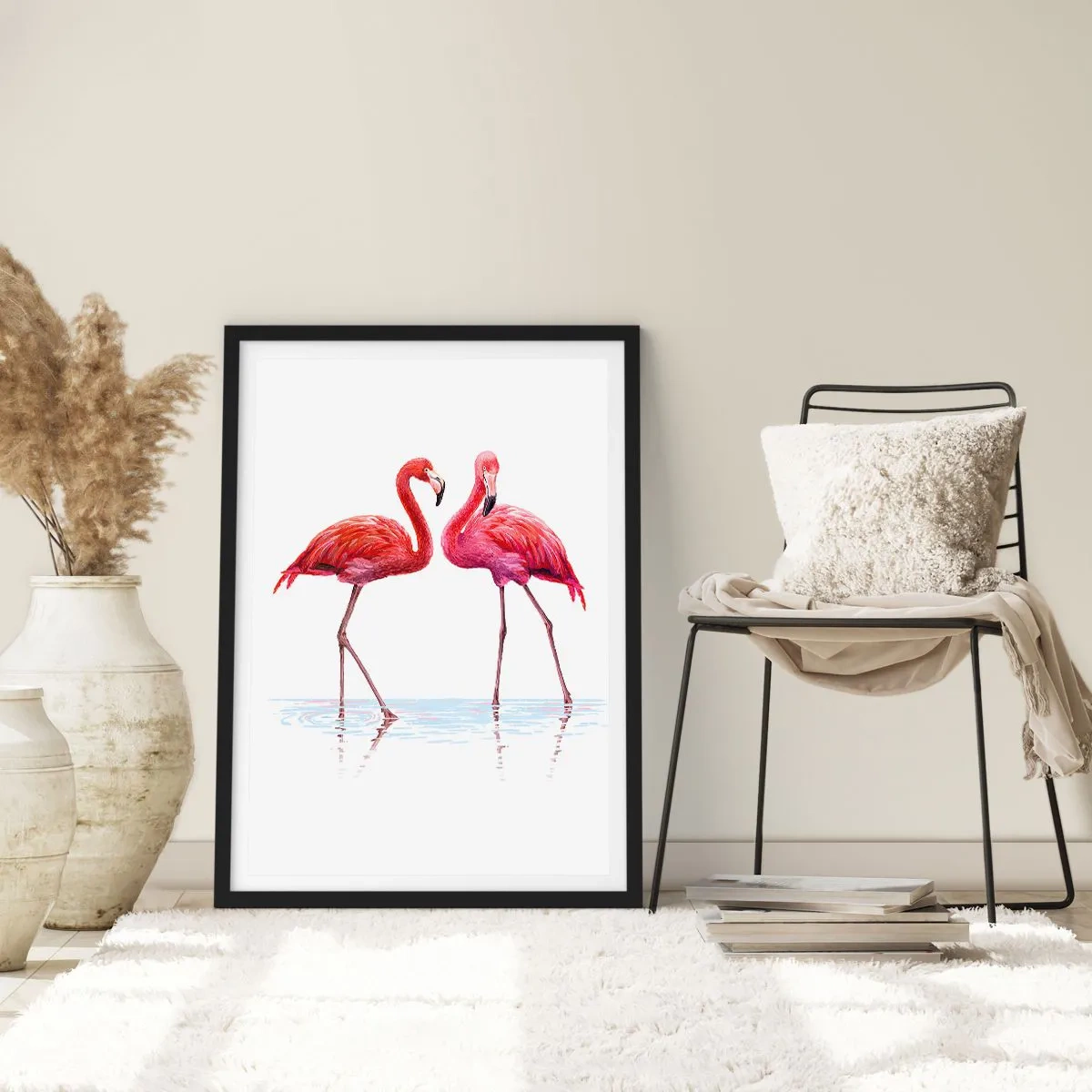 Poster in cornice nera - Due fenicotteri su sfondo bianco con riflesso nell'acqua - 50x70cm - Appuntamento in rosa - Decorazione murale moderna per soggiorno e camera da letto ARTTOR