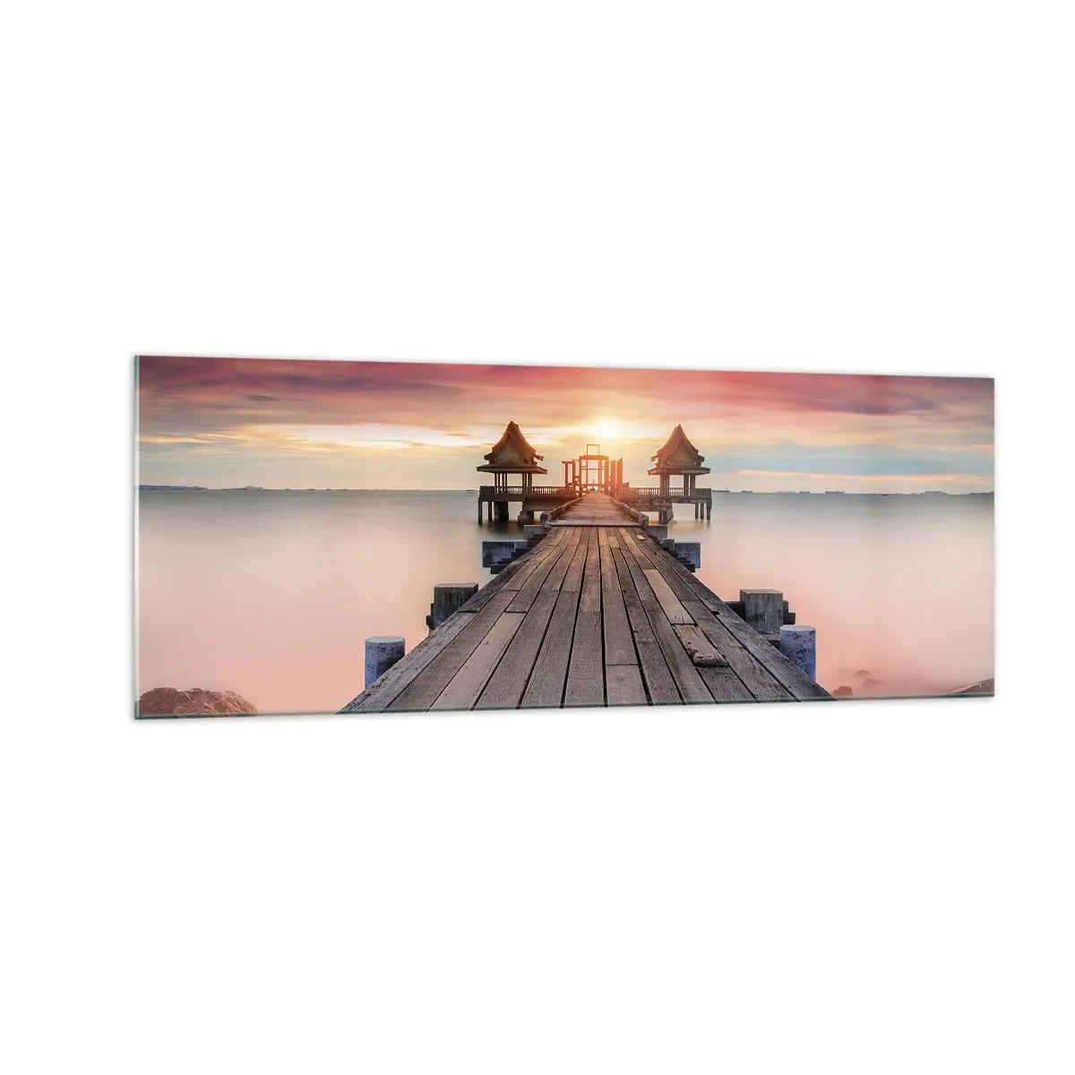 Quadro su vetro - Molo di legno che conduce ai gazebo al tramonto - 140x50cm - Tramonto d'oriente - Decorazione murale moderna per soggiorno e camera da letto ARTTOR
