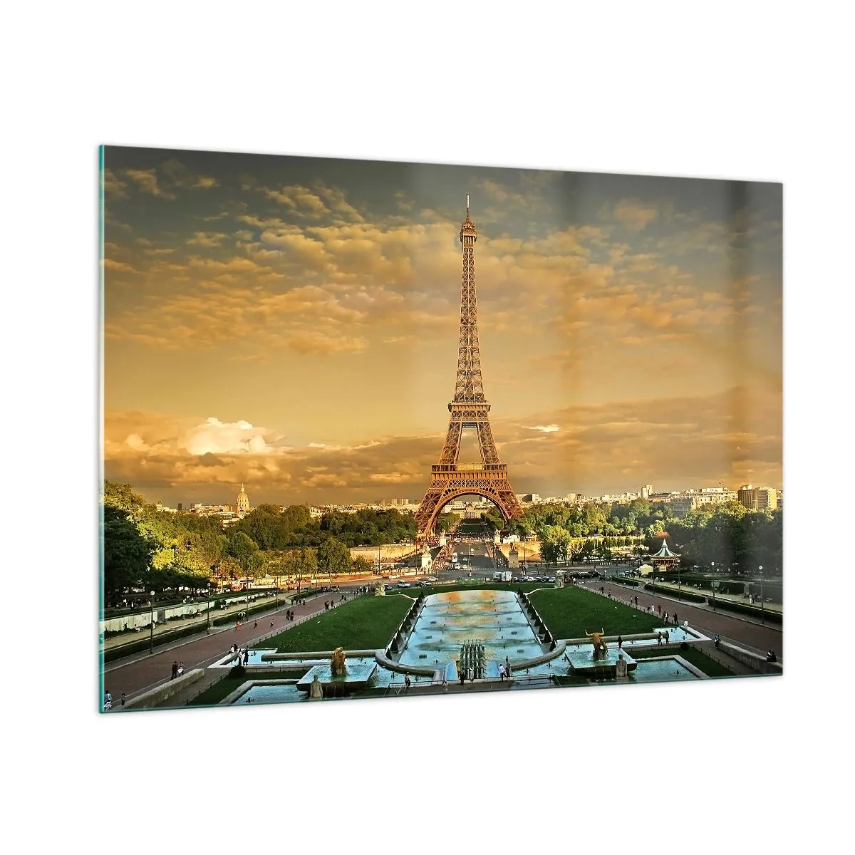 Quadro su vetro - La Torre Eiffel circondata dai giardini parigini al tramonto - 100x70cm - La regina di Parigi - Decorazione murale moderna per soggiorno e camera da letto ARTTOR