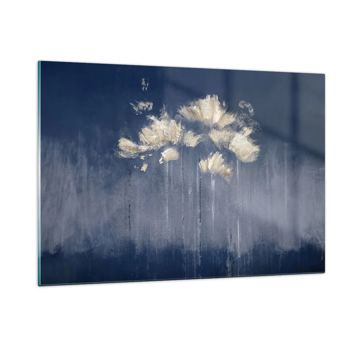 Quadro su vetro - Composizione floreale astratta in oro su sfondo blu navy - 120x80cm - Come petali al vento - Decorazione murale moderna per soggiorno e camera da letto ARTTOR