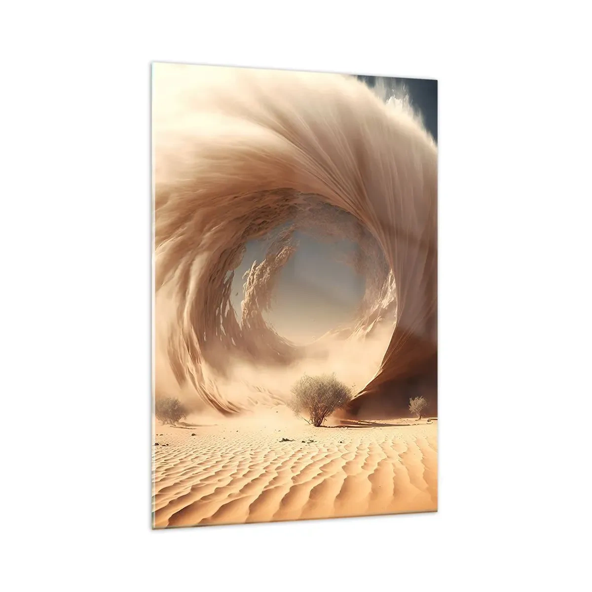 Quadro su vetro - Vortice di sabbia dinamico in un deserto con alberi - 70x100cm - Il portale è aperto - Decorazione murale moderna per soggiorno e camera da letto ARTTOR