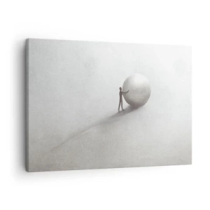 Quadro su tela - Stampe su Tela - Una figura minimalista con una palla su uno sfondo chiaro e monocromatico. - 70x50cm - Il gioco della vita - Decorazione murale moderna per soggiorno e camera da letto ARTTOR