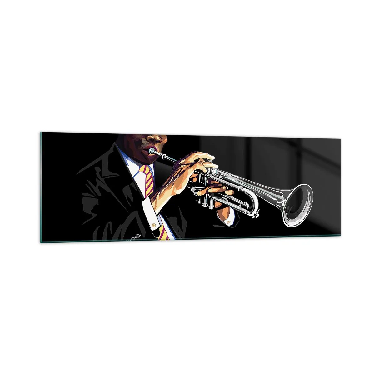Quadro su vetro - Un musicista che suona la tromba su uno sfondo nero - 160x50cm - Il fascino della Old School - Decorazione murale moderna per soggiorno e camera da letto ARTTOR