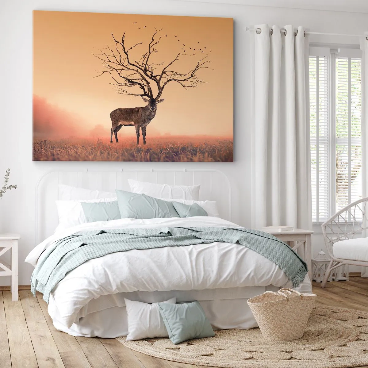 Quadro su tela - Stampe su Tela - Un'elegante grafica di un cervo con rami al posto delle corna - 120x80cm - L'Antico Cervo, eterno spirito del bosco - Decorazione murale moderna per soggiorno e camera da letto ARTTOR