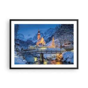 Poster in cornice nera - Paesaggio invernale con una chiesa, un ponte e montagne al tramonto - 70x50cm - Lo spirito di Natale - Decorazione murale moderna per soggiorno e camera da letto ARTTOR