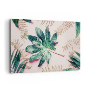 Quadro su tela - Stampe su Tela - Foglie tropicali su uno sfondo pastello chiaro - 120x80cm - Studio di verde su sfondo rosa - Decorazione murale moderna per soggiorno e camera da letto ARTTOR