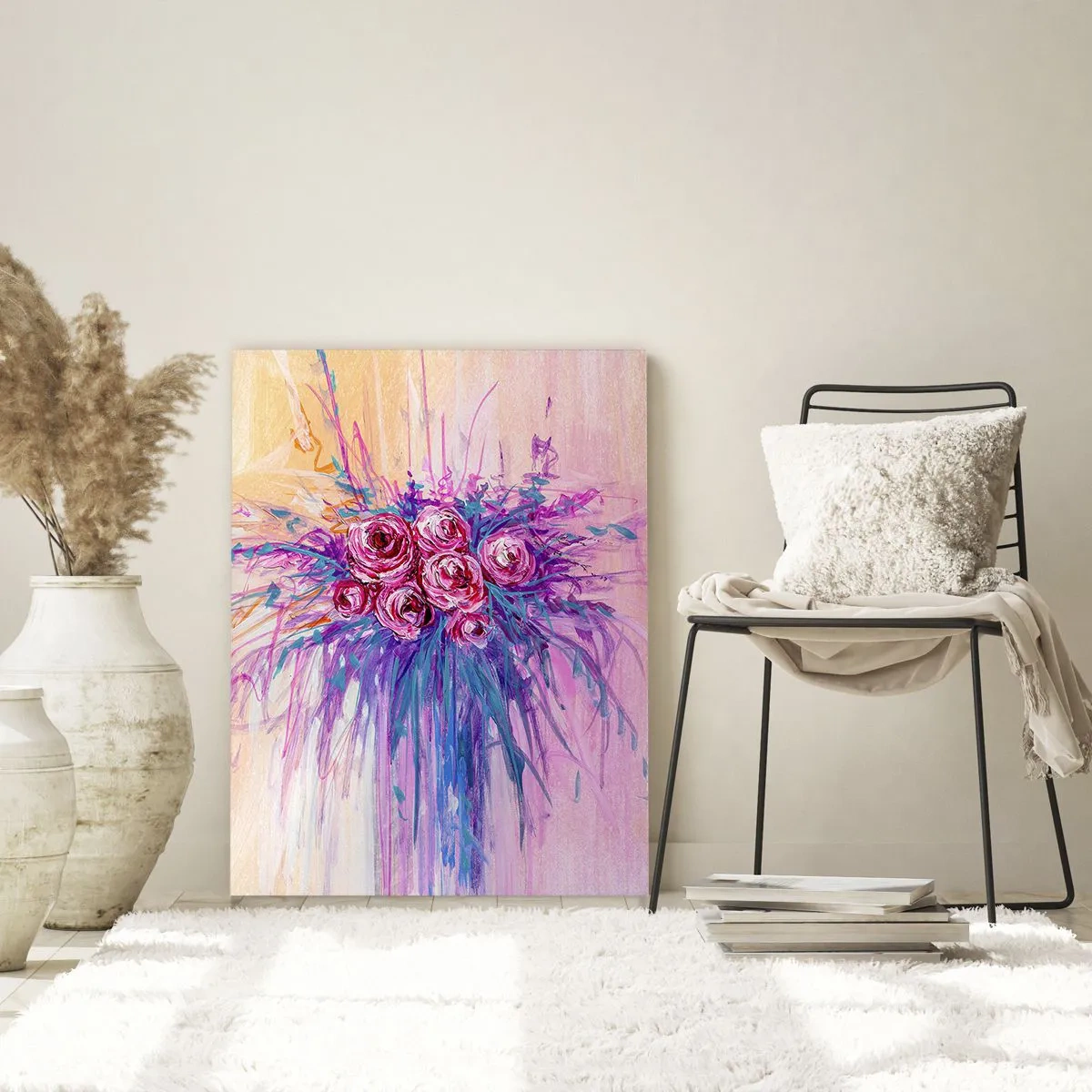 Quadro su vetro - Un bouquet di rose nei toni del rosa e del viola su uno sfondo pastello - 50x70cm - Fontana rosa - Decorazione murale moderna per soggiorno e camera da letto ARTTOR