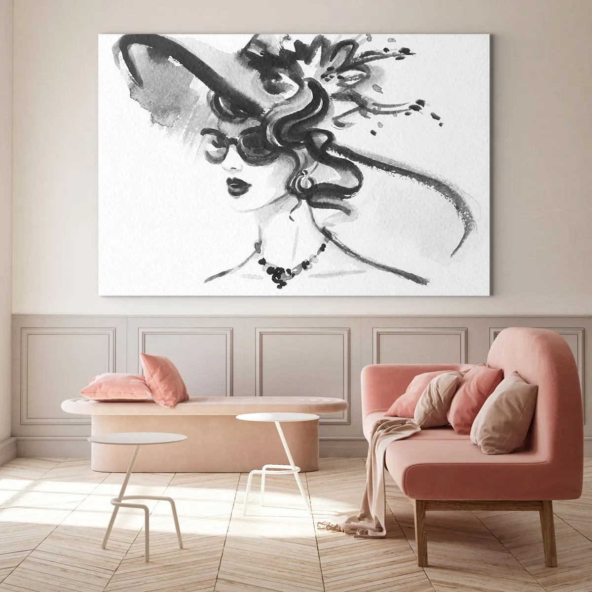 Quadro su vetro - Ritratto in bianco e nero di una donna che indossa un cappello - 120x80cm - Donna di carattere - Decorazione murale moderna per soggiorno e camera da letto ARTTOR