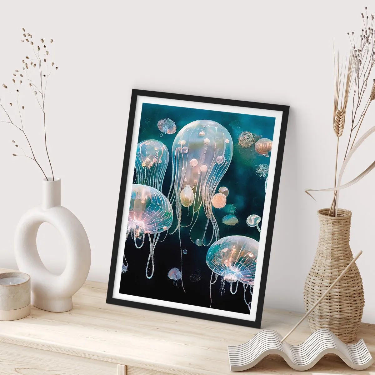 Poster in cornice nera - Meduse sottili che galleggiano nel mare - 50x70cm - Danza sottomarina - Decorazione murale moderna per soggiorno e camera da letto ARTTOR