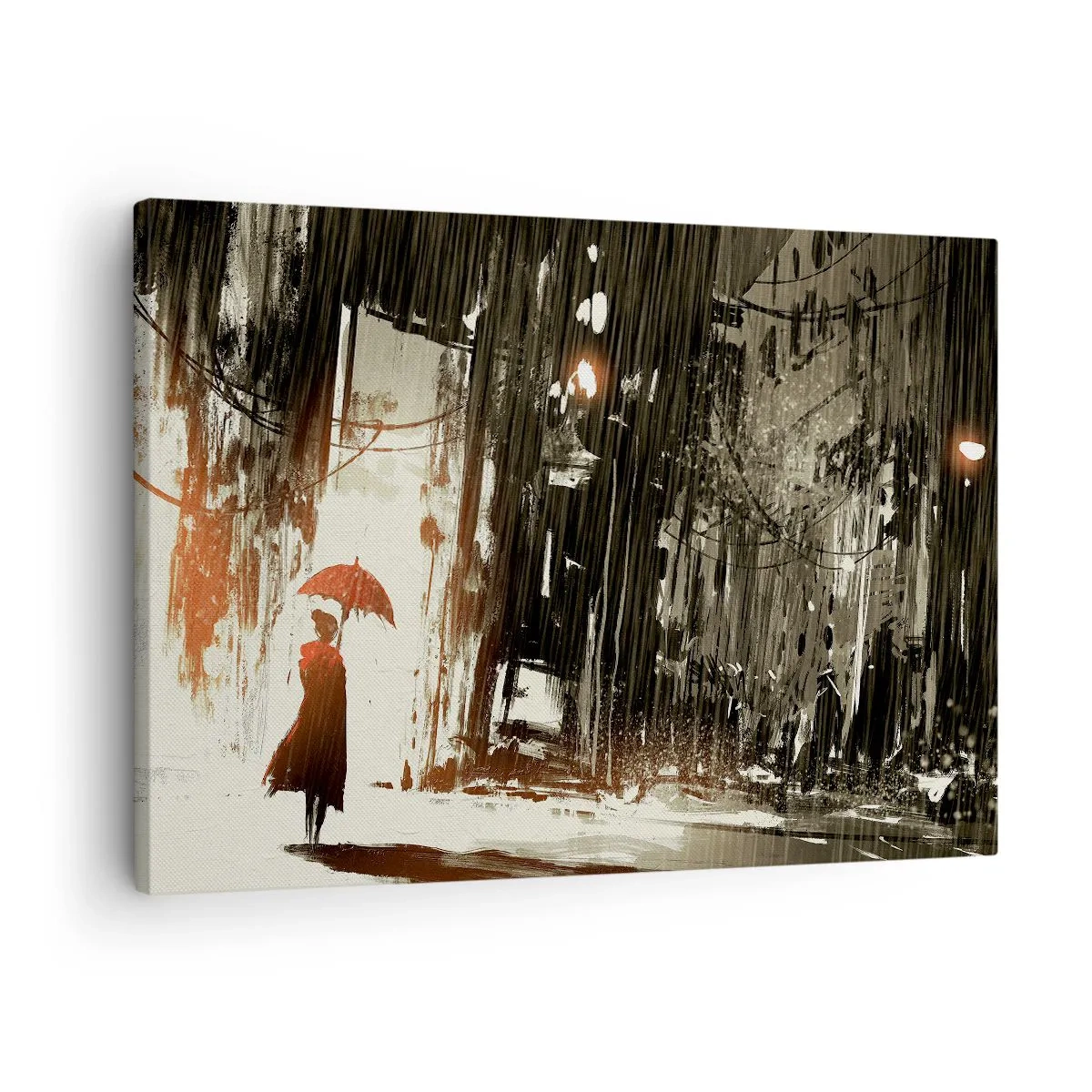 Quadro su tela - Stampe su Tela - Una figura rossa con un ombrello in una scena piovosa - 70x50cm - La poesia dell'ombrello rosso - Decorazione murale moderna per soggiorno e camera da letto ARTTOR