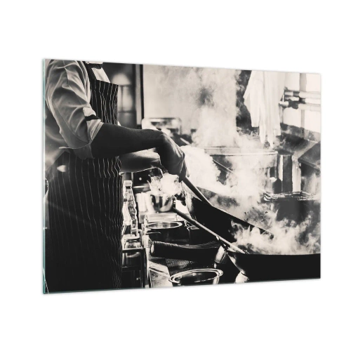 Quadro su vetro - Uno chef in azione con una padella in una cucina piena di vapore - 70x50cm - L'alchimia dei sapori - Decorazione murale moderna per soggiorno e camera da letto ARTTOR