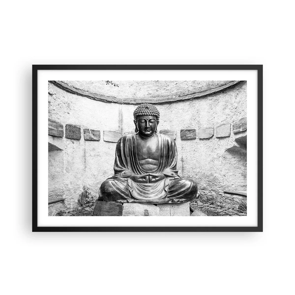Poster in cornice nera - Statua del Buddha in bianco e nero in posa meditativa - 70x50cm - Alla fonte della pace - Decorazione murale moderna per soggiorno e camera da letto ARTTOR