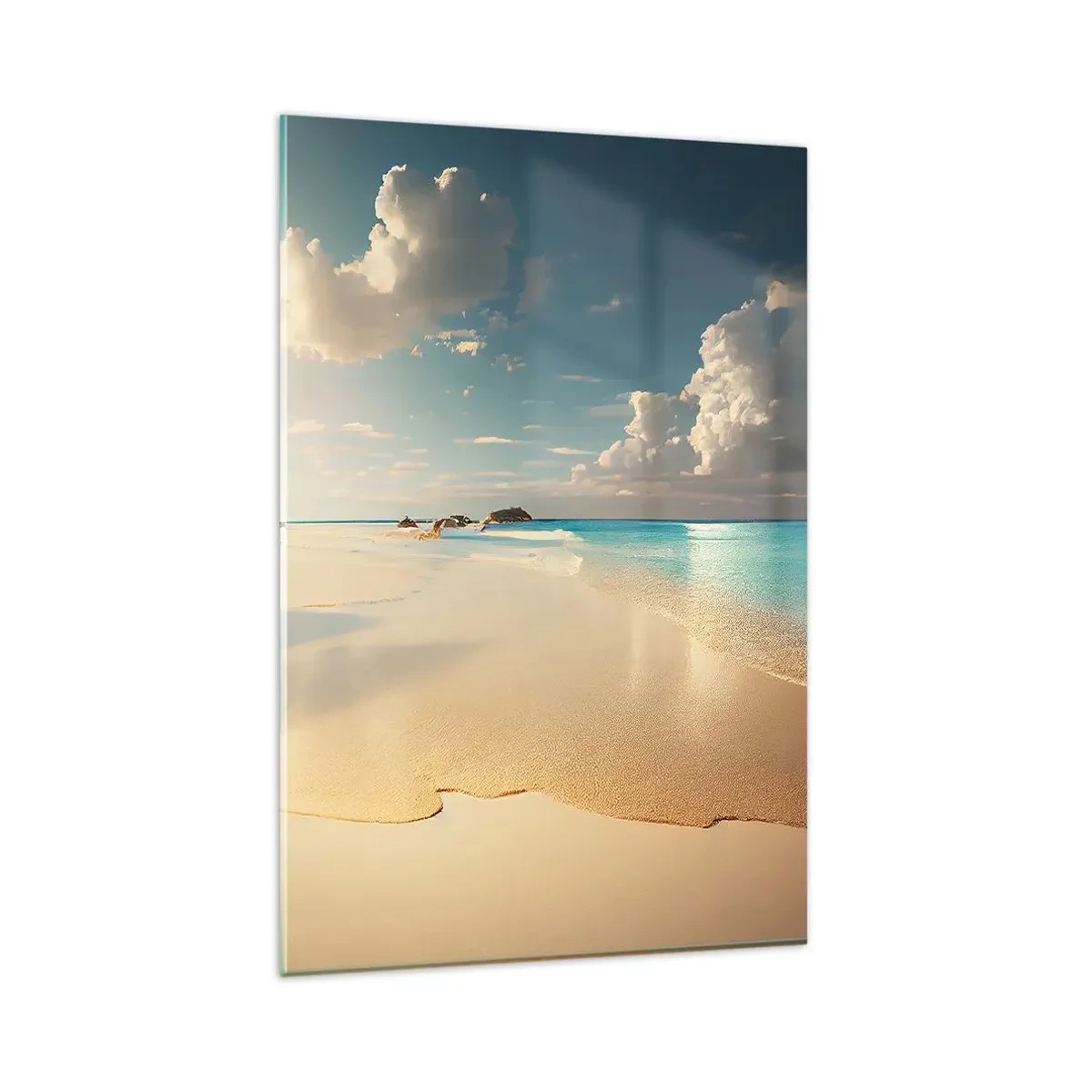 Quadro su vetro - Una spiaggia soleggiata con mare azzurro e rocce - 80x120cm - Giornata ideale - Decorazione murale moderna per soggiorno e camera da letto ARTTOR