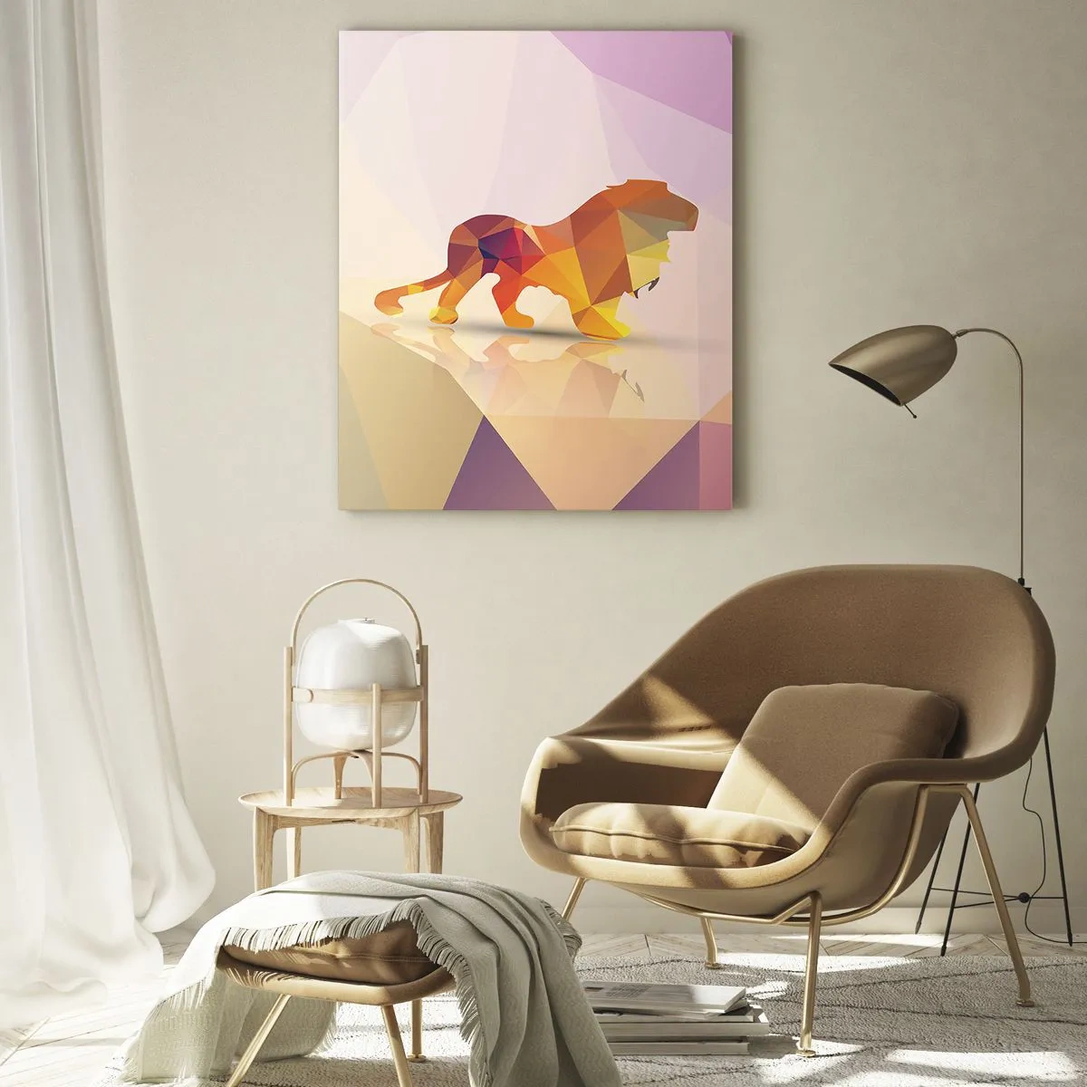 Quadro su vetro - Silhouette geometrica di un leone nei toni del giallo e dell'arancione - 80x120cm - Il re di diamante - Decorazione murale moderna per soggiorno e camera da letto ARTTOR