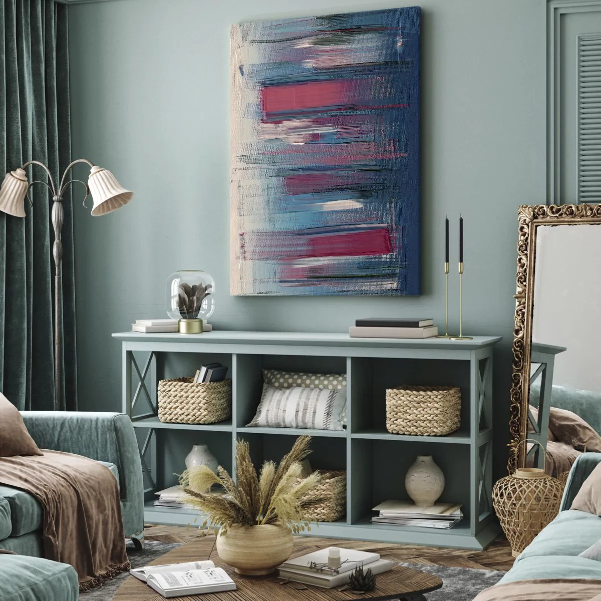 Quadro su tela - Stampe su Tela - Forme verticali astratte nelle tonalità del blu e del rosso - 80x120cm - Composizione verticale in blu e rosso - Decorazione murale moderna per soggiorno e camera da letto ARTTOR