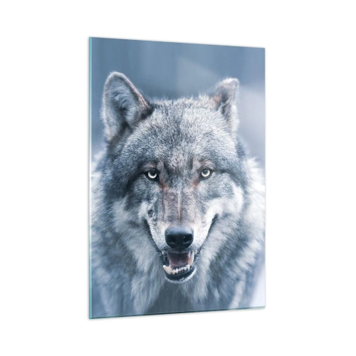 Quadro su vetro - Un lupo dallo sguardo penetrante sullo sfondo di una foresta innevata - 50x70cm - Accetti la sfida? - Decorazione murale moderna per soggiorno e camera da letto ARTTOR
