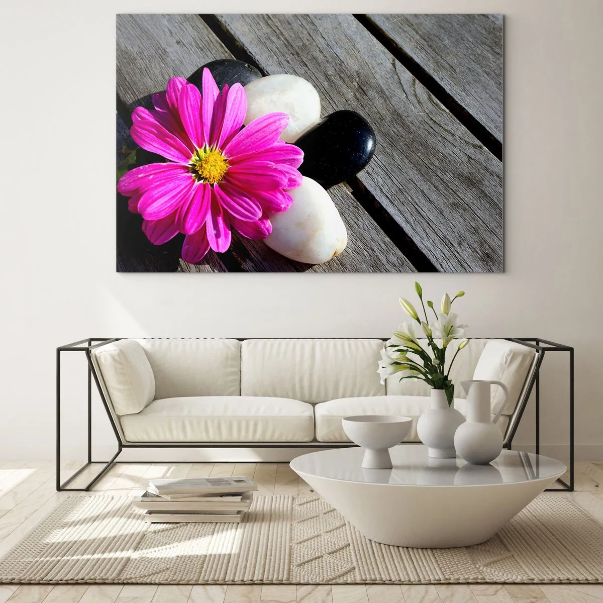 Quadro su vetro - Fiore rosa con pietre su uno sfondo di legno - 70x50cm - Riposo sul molo - Decorazione murale moderna per soggiorno e camera da letto ARTTOR